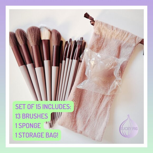 MAKE UP BRUSH SET - TAUPE - BROWN - 15 PIECES - SHIPS QUICKLY - Picture 2 of 6